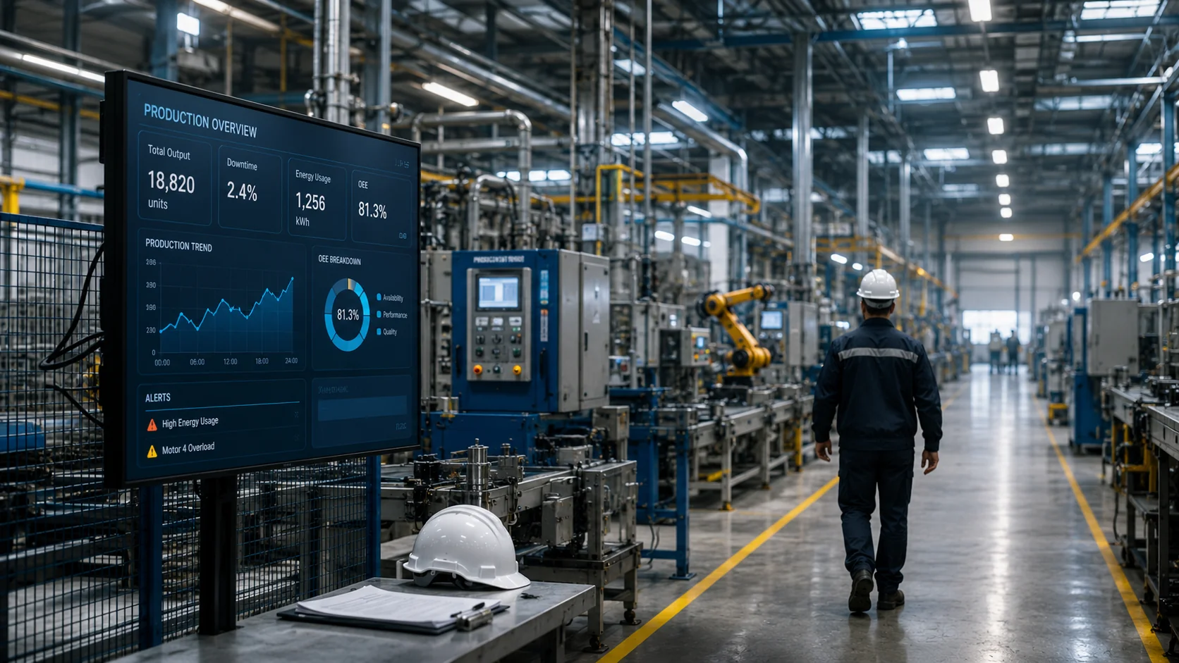 Manufacturing optimization, production performance, downtime reduction, and energy efficiency in an industrial facility